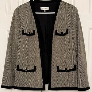 Kasper Black and Cream Herringbone Blazer with Contrast Trim